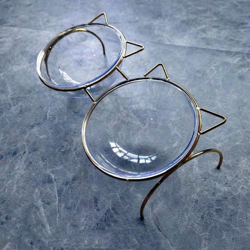 Sparkling Glass Cat Bowl With Elevated Metal Rack - Stylish And Functional Pet Feeder-3