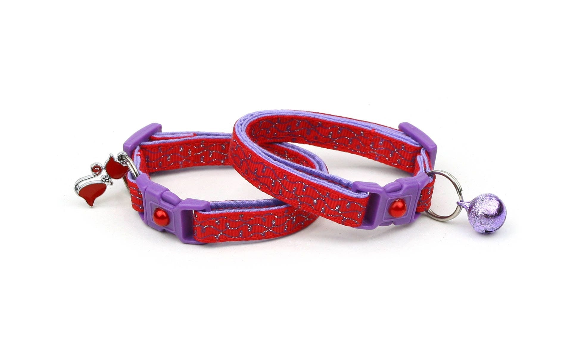 Purple Squiggles on Red Cat Collar-2