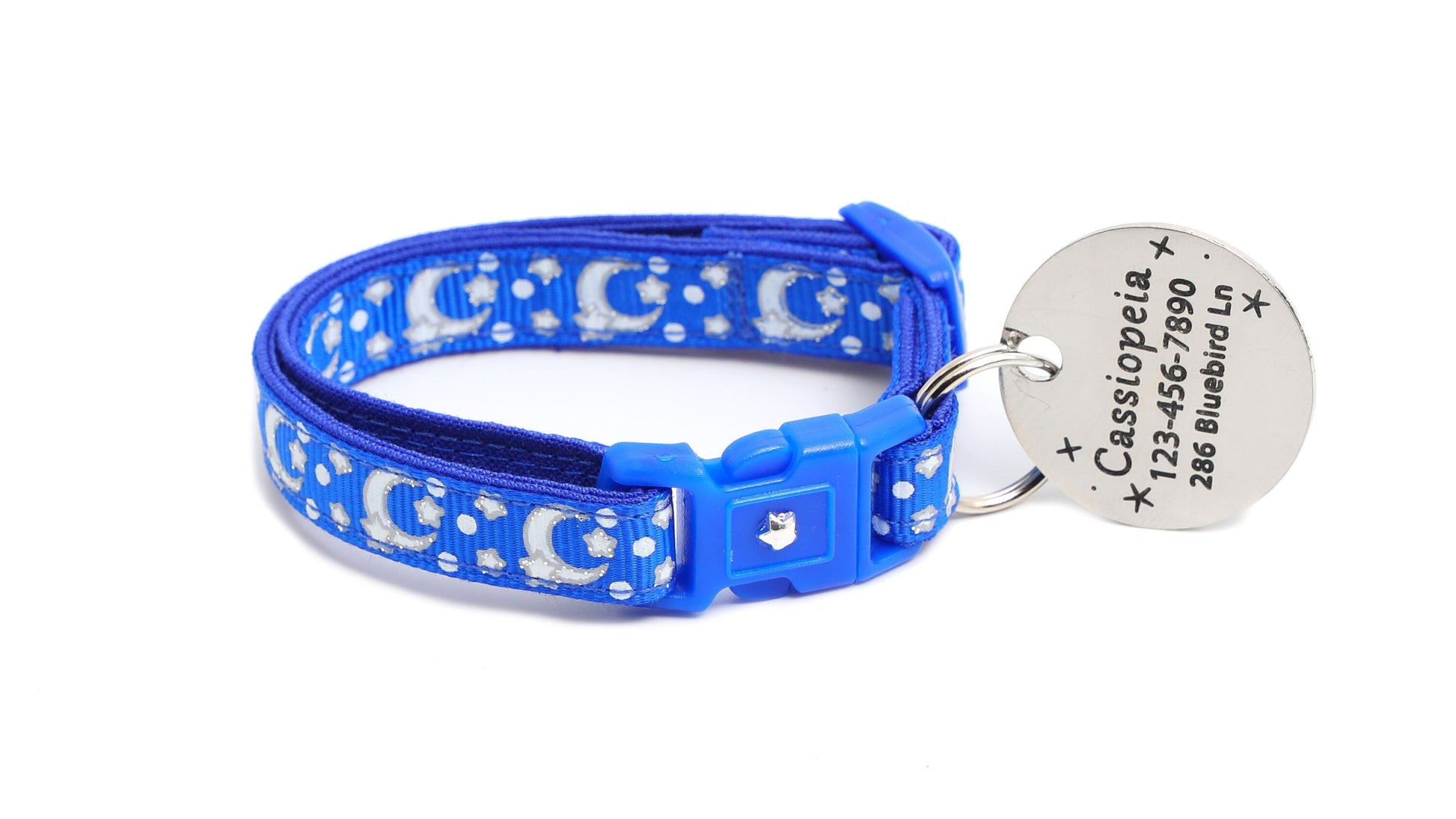 Silver Moons and Stars on Sapphire Blue Cat Collar-5