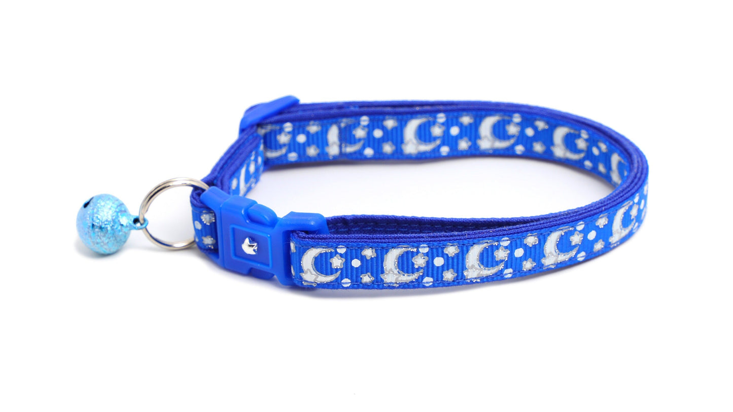 Silver Moons and Stars on Sapphire Blue Cat Collar-3