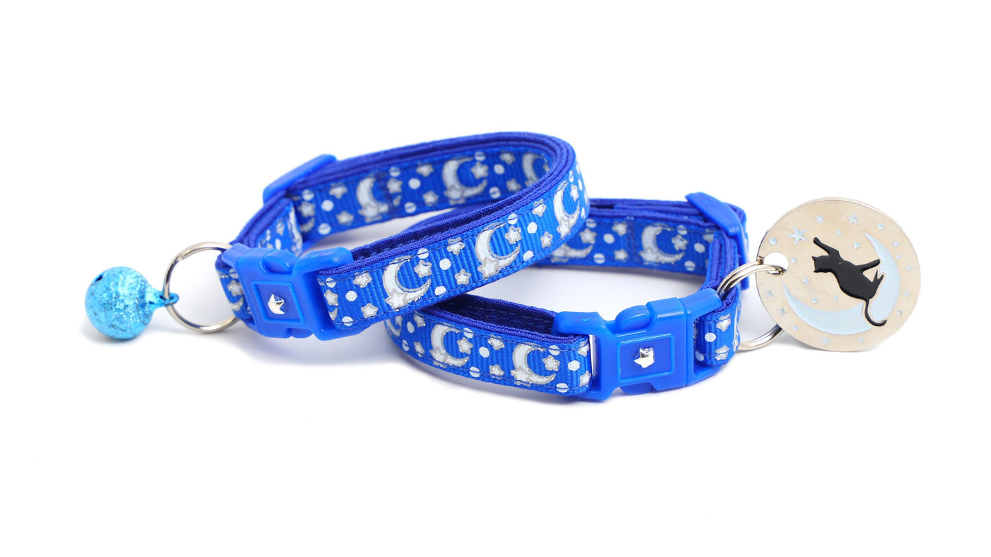 Silver Moons and Stars on Sapphire Blue Cat Collar-2